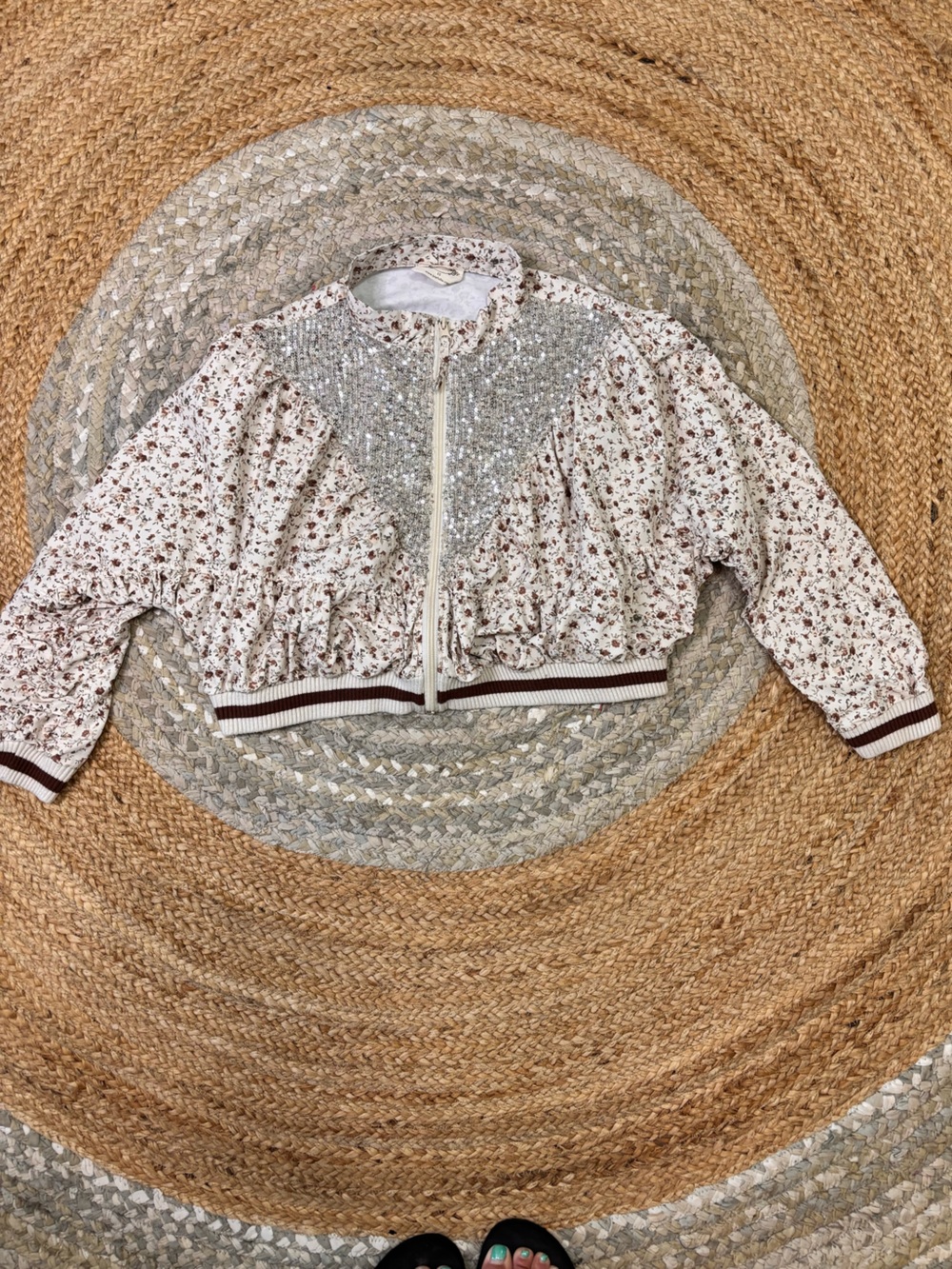 Mia Joy Girls Cream Floral Sequin Bomber Jacket